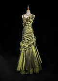 Vintage Dark Green Irregular Neckline Satin Beaded Evening Dress Ruched Mermaid Prom Dress Y8560