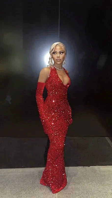 Black Girl Sexy Halter Sequin Red Prom Dress Long Mermaid Evening Dress Y7822