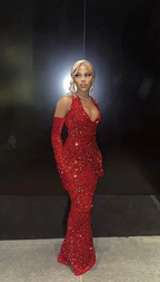 Black Girl Sexy Halter Sequin Red Prom Dress Long Mermaid Evening Dress Y7822