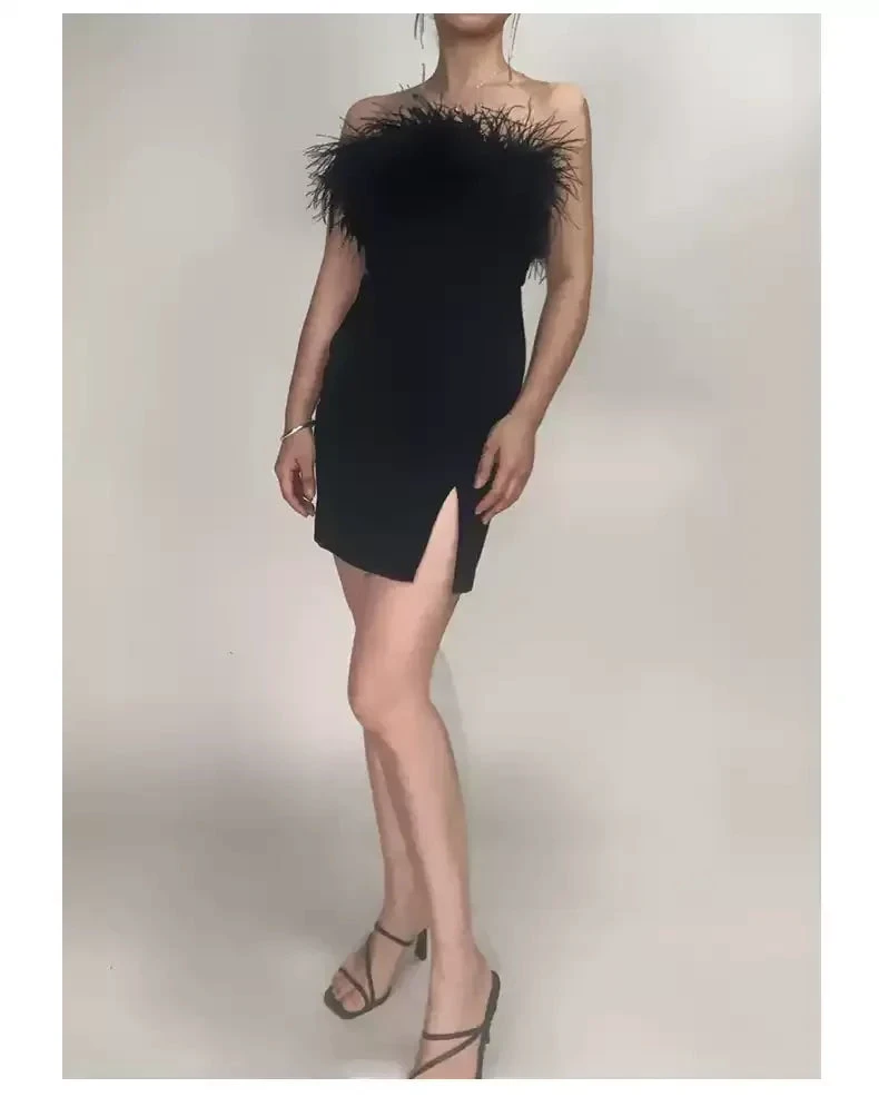 Womens Feather Off Shoulder Bandage Dresses Side Split Cocktail Party Bodycon Dress Black Short Homecoming Dress Y1356