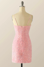 Cute Pink Sequins Homecoming Dress Pink Backless Party Dress Y2041