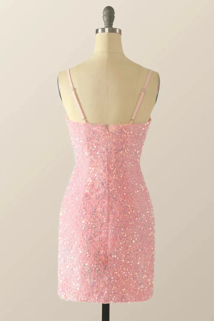 Cute Pink Sequins Homecoming Dress Pink Backless Party Dress Y2041