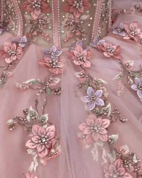 Pink Tulle Floral Appliques Ball Gown Sweet 16 Dress Y527