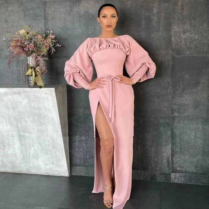 Pink Boat Neck Prom Dress Long Sleeves High Slit Satin Evening Dress Buttoned Cuffs Sheath Formal Party Dress Y4875
