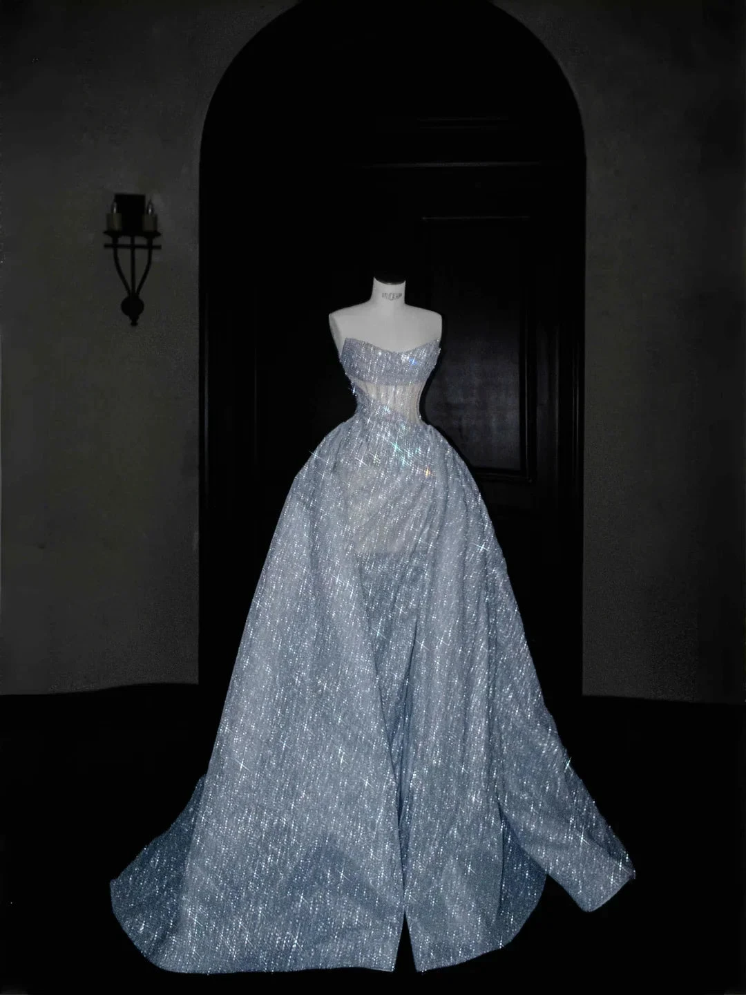 Glitter Strapless Blue Tulle Sequins A Line Prom Dress Evening Dress,Formal Wedding Dress Y8676
