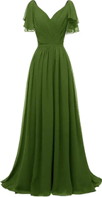 Ruffle Sleeves Bridesmaid Dress V-Neck Chiffon Long Formal Wedding Evening Dress Y1315