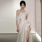 Off Shoulder Satin Wedding Dress White Mermaid Long Bridal Gown with Slit Y7336