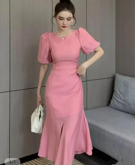 Classy Pink Puff Sleeves Mermaid Mid-length Prom Dress Pink Cocktail Dress Y5599