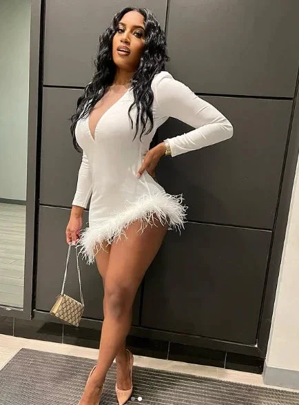 Solid Plunge Fluffy Irregular Party Dress White Dresses Sexy White Homecoming Dress Y332