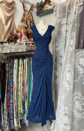 Vintage Navy Blue Chiffon Ruched Evening Gown Mermaid Party Prom Dress Y8076