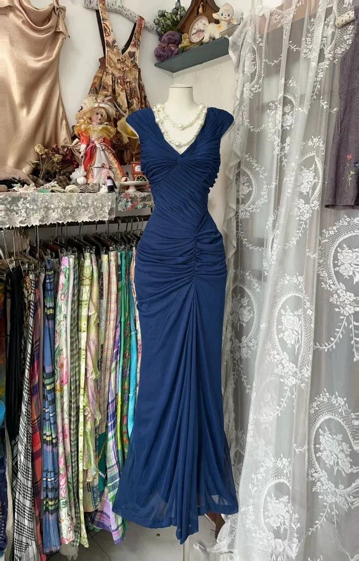 Vintage Navy Blue Chiffon Ruched Evening Gown Mermaid Party Prom Dress Y8076