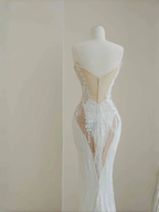 Charming Strapless White Tulle Lace Mermaid Wedding Dress,Long Prom Evening Dress Y8678