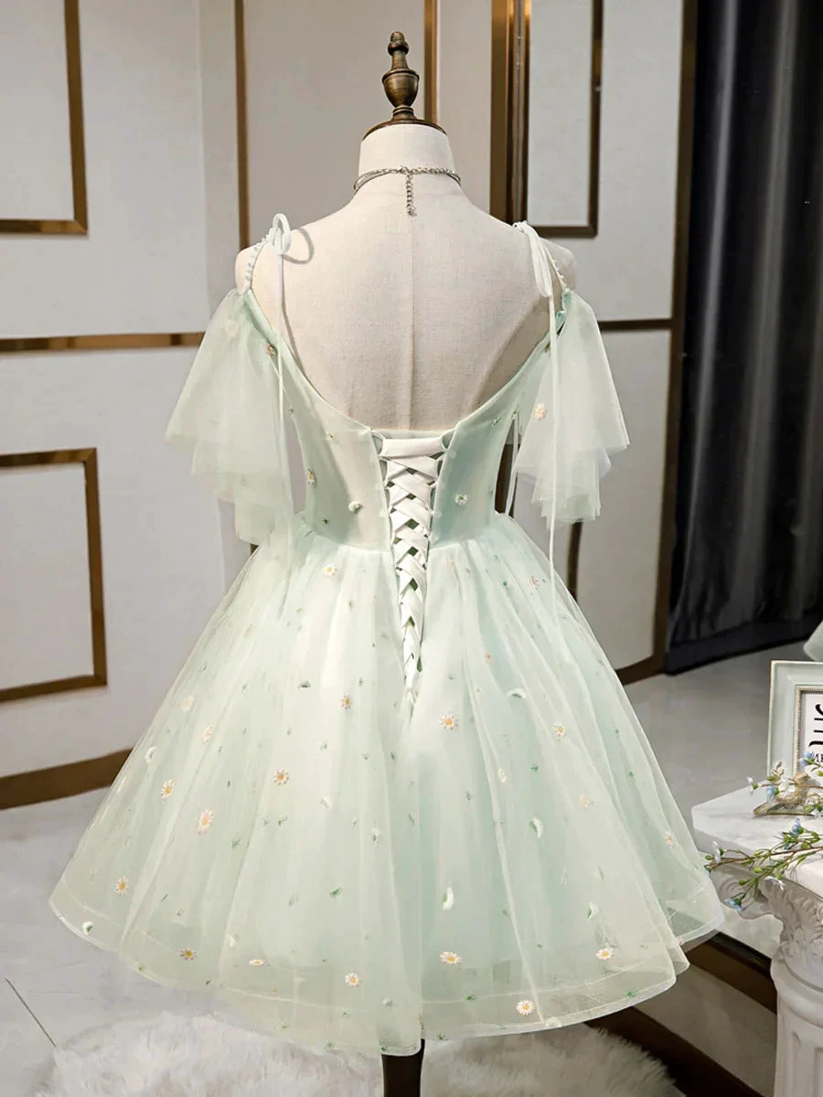 Simple Sweetheart Neck Tulle Short Dresses Puffy Green Homecoming Dresses Y2409