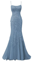 Spaghetti Strap Mermaid Lace Appliques Tulle Prom Dresses Long Criss Cross Backless Formal Evening Dress Y7383
