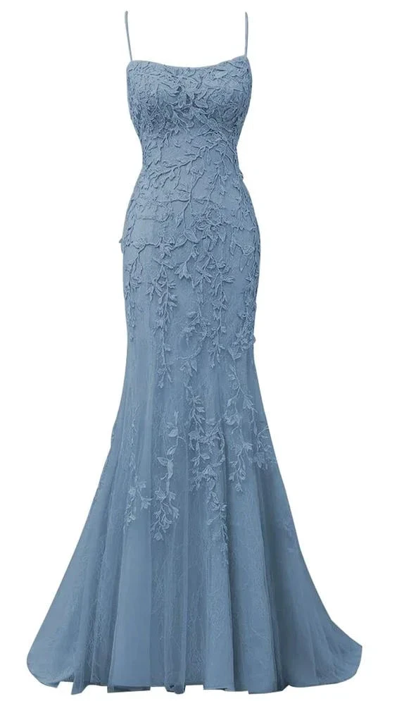 Spaghetti Strap Mermaid Lace Appliques Tulle Prom Dresses Long Criss Cross Backless Formal Evening Dress Y7383