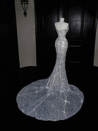 Sparkly Strapless Tulle Sequins Tassel Evening Dress,Slit Mermaid Prom Dress Wedding Dress Y8674