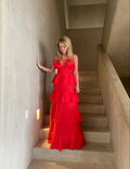 Chic Red A-line Tiered Ruffle Prom Dress Red Evening Dress Y4649
