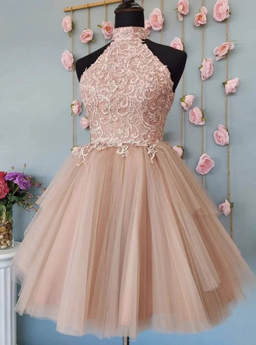 Cute Open Back Tulle Lace Short Prom Dresses Homecoming Dresses