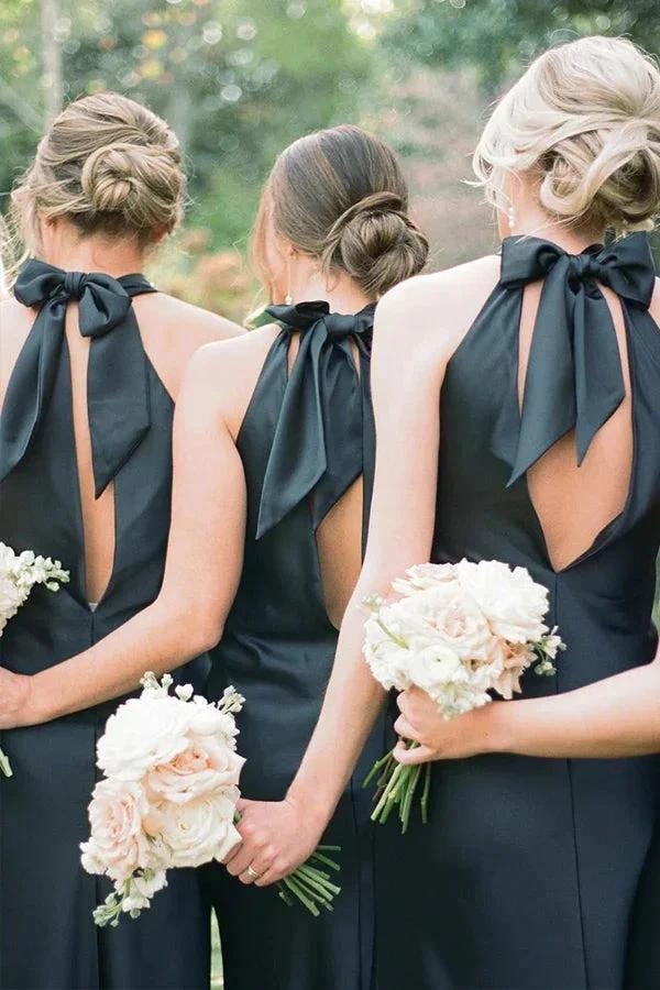 Halter Neckline Cutout Back Long White Bridesmaid Dress BD120