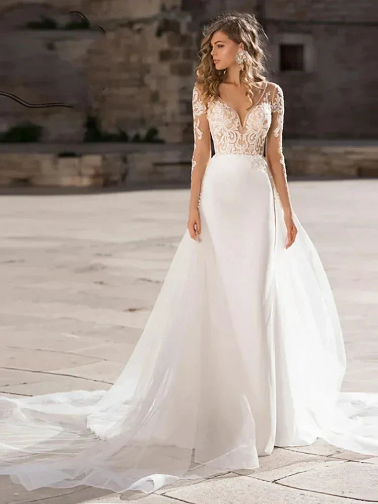 Haute Couture Luxury Elegant White Satin Long Sleeve Backless Sweep Train Deep V-Neck Mermaid Backless Embroidery Wedding Dress