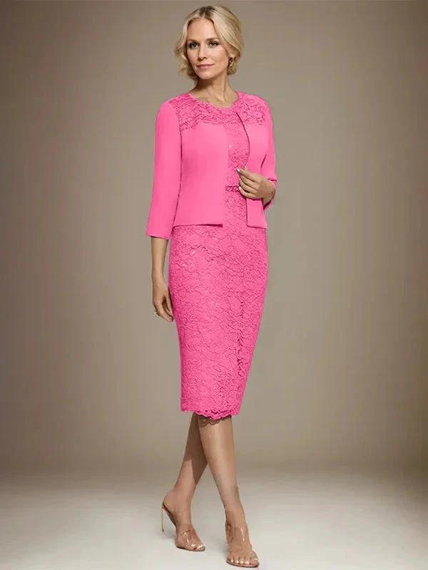 Sheath/Column Scoop Knee-Length Chiffon Lace Mother of the Bride Dress With Beading