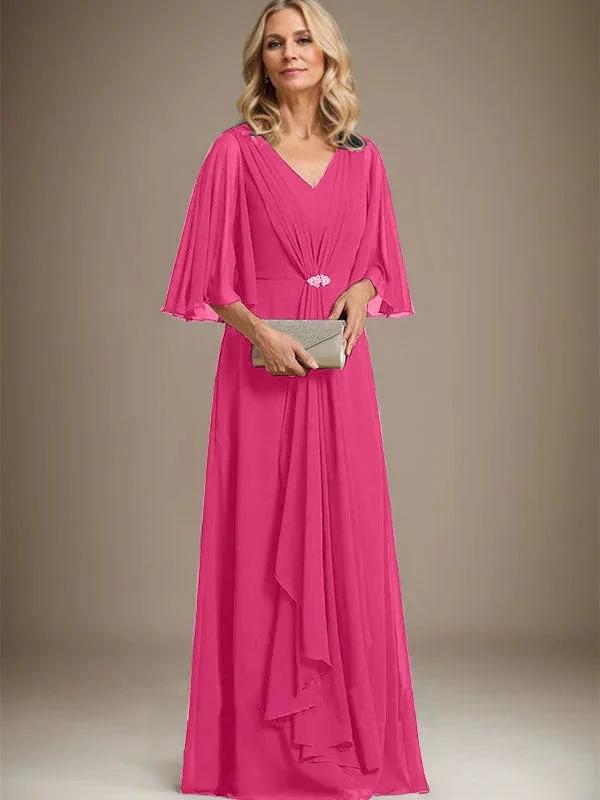 A-line V-Neck Floor-Length Chiffon Mother of the Bride Dress With Cascading Ruffles Crystal Brooch