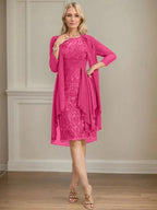 Sheath/Column Scoop Illusion Knee-Length Lace Chiffon Mother of the Bride Dress With Cascading Ruffles Sequins