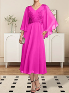 A-line V-Neck Tea-Length Chiffon Lace Mother of the Bride Dress With Beading Sequins