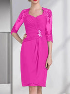 Sheath/Column Sweetheart Knee-Length Chiffon Mother of the Bride Dress With Beading Appliques Lace Sequins Pleated
