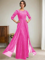 A-Line Scoop Illusion Floor-Length Lace Chiffon Mother Of the Bride Dress With Beading Ruffles