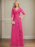 A-line Collared V-Neck Floor-Length Lace Chiffon Mother of the Bride Dress With Sequins Cascading Ruffles