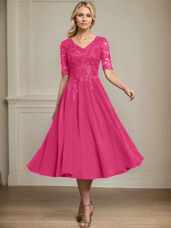 A-line V-Neck Tea-Length Lace Chiffon Mother of the Bride Dress With Sequins