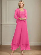 Separates Jumpsuit/Pantsuit Square Ankle-Length Lace Chiffon Mother of the Bride Dress With Sequins