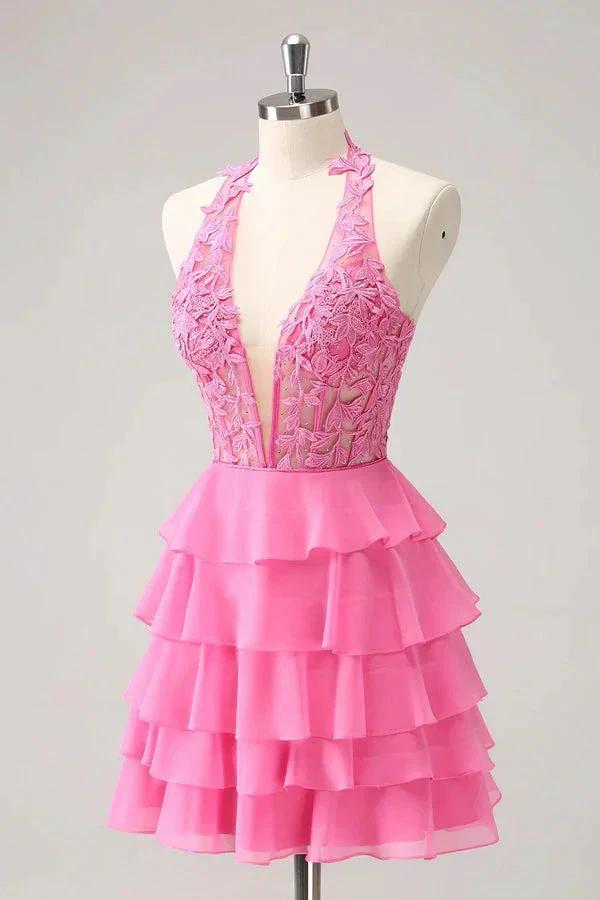 Hot Pink A Line Strapless Tiered Corset Cute Homecoming Dress PD551