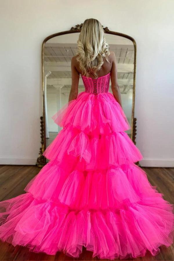 Hot Pink High Low Sweetheart Tiered Prom Dress Evening Dress PSK398
