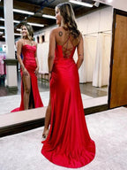 Hot Pink Mermaid Spaghetti Straps Satin Prom Dress with Slit PSK453