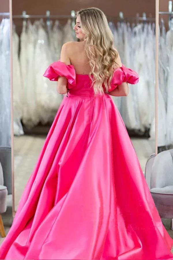 Hot Pink Puff Sleeves Off The Shoulder Simple Prom Evening Dresses  PSK407