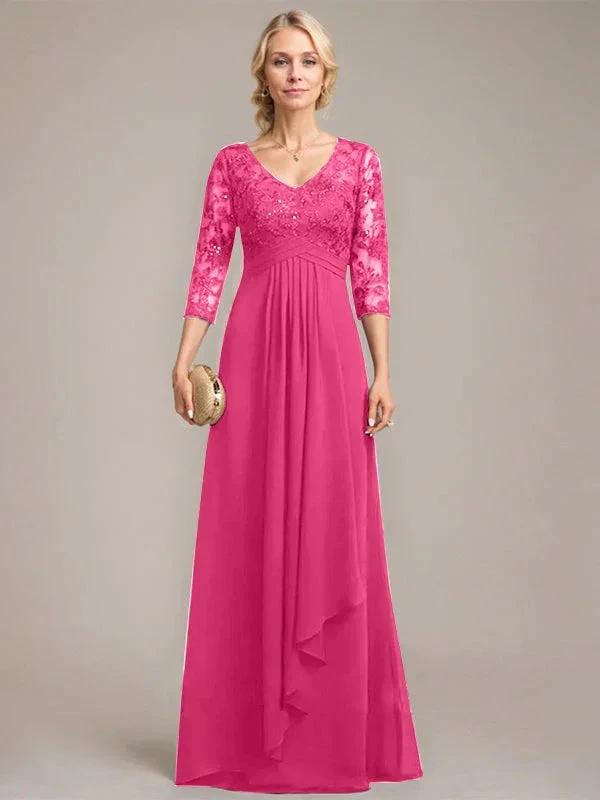 A-line V-Neck Floor-Length Lace Chiffon Mother of the Bride Dress With Cascading Ruffles Sequins