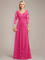 A-line V-Neck Floor-Length Lace Chiffon Mother of the Bride Dress With Cascading Ruffles Sequins