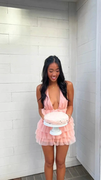 Cute Deep V Neck Pink Homecoming Dress Pink Birthday Party Dress Y1941