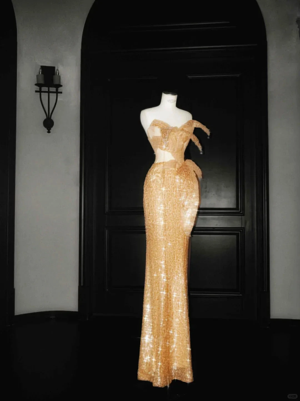Sparkly Gold Sequin Strapless Mermaid Prom Dress Long Evening Dress Y8656