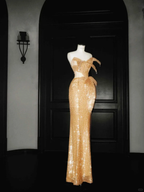 Sparkly Gold Sequin Strapless Mermaid Prom Dress Long Evening Dress Y8656