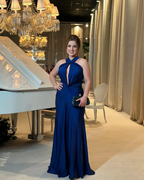 Blue Halterneck Pleated Mermaid Long Prom Dress Evening Dress Y8475