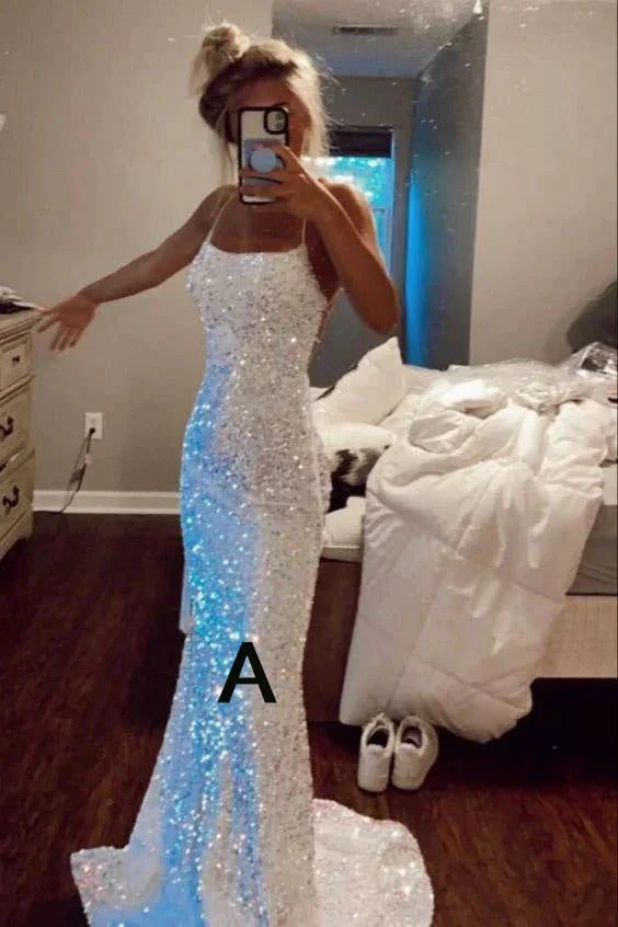 Sparkly Spaghetti Straps Mermaid White Sequin Prom Evening Dress Y8071