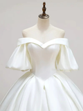 Simple Off-Shoulder Short Sleeves Wedding Dress Satin Chapel Train Ball Gown Bridal Dress Y2388