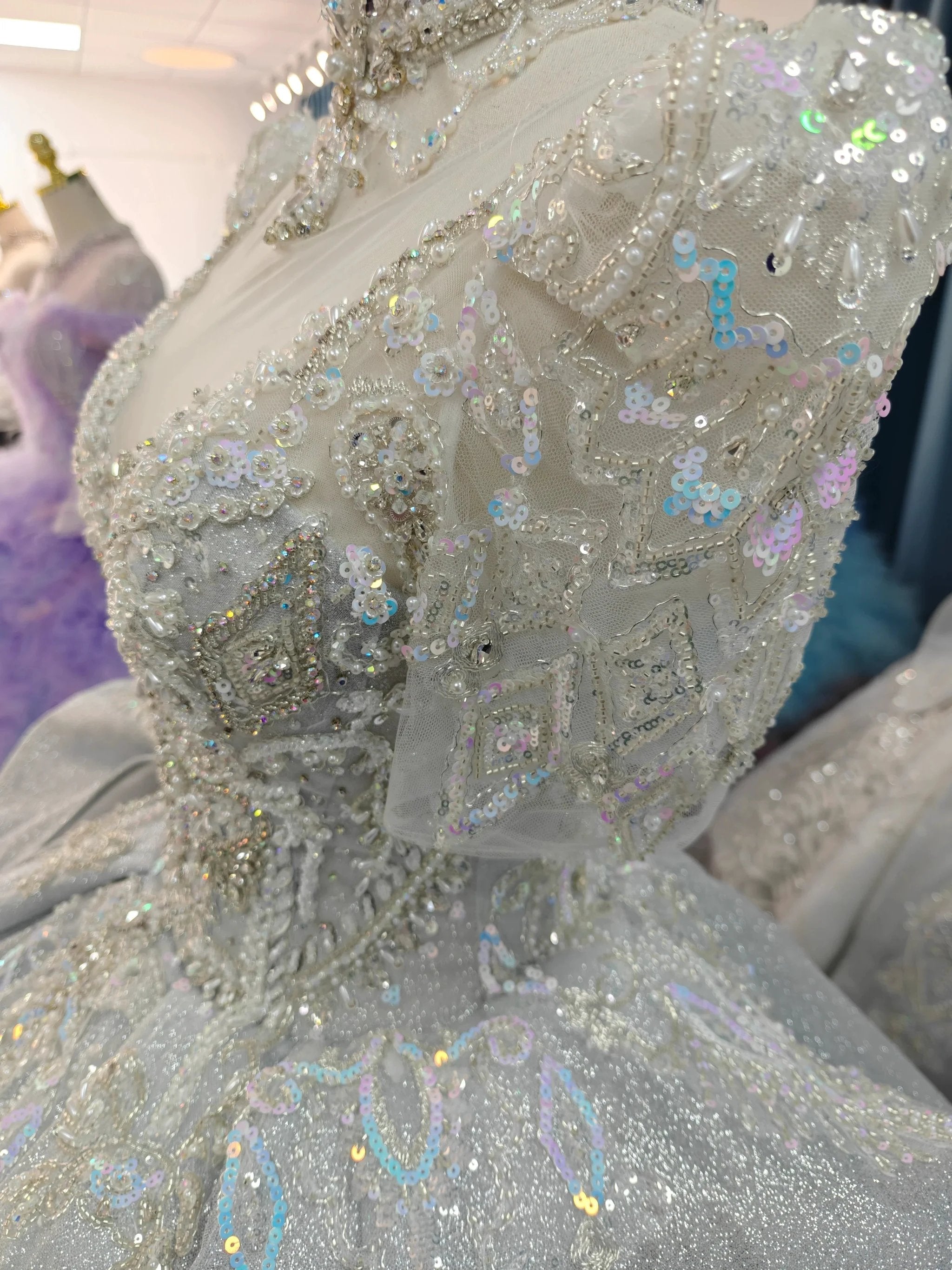 Silver Glitz Cap-Sleeve Ballgown Iridescent Beaded Bust & Sculptural Tiered Skirt
