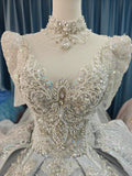 Silver Glitz Cap-Sleeve Ballgown Iridescent Beaded Bust & Sculptural Tiered Skirt