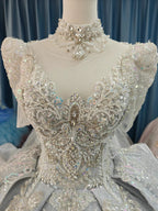 Silver Glitz Cap-Sleeve Ballgown Iridescent Beaded Bust & Sculptural Tiered Skirt