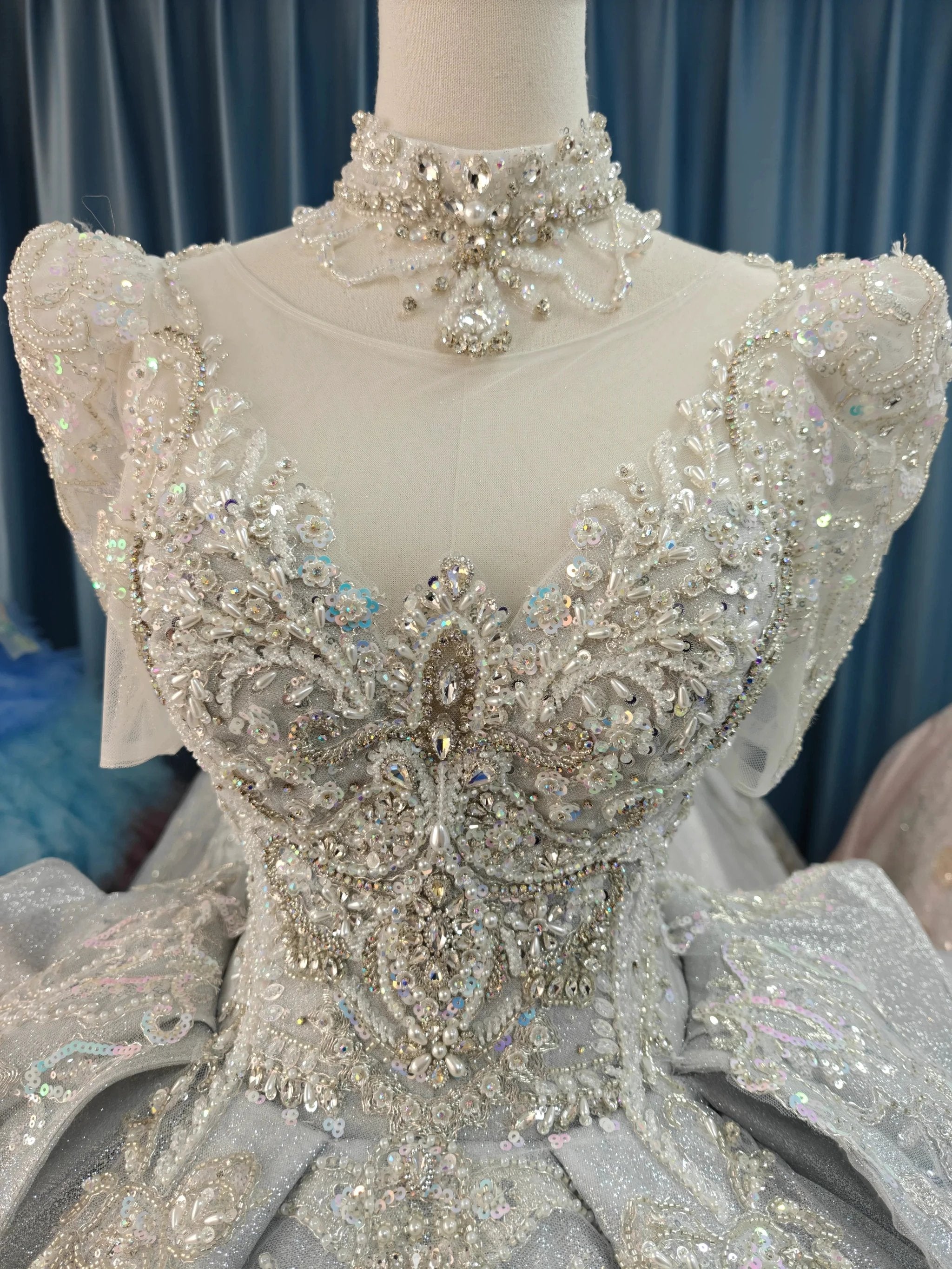 Silver Glitz Cap-Sleeve Ballgown Iridescent Beaded Bust & Sculptural Tiered Skirt