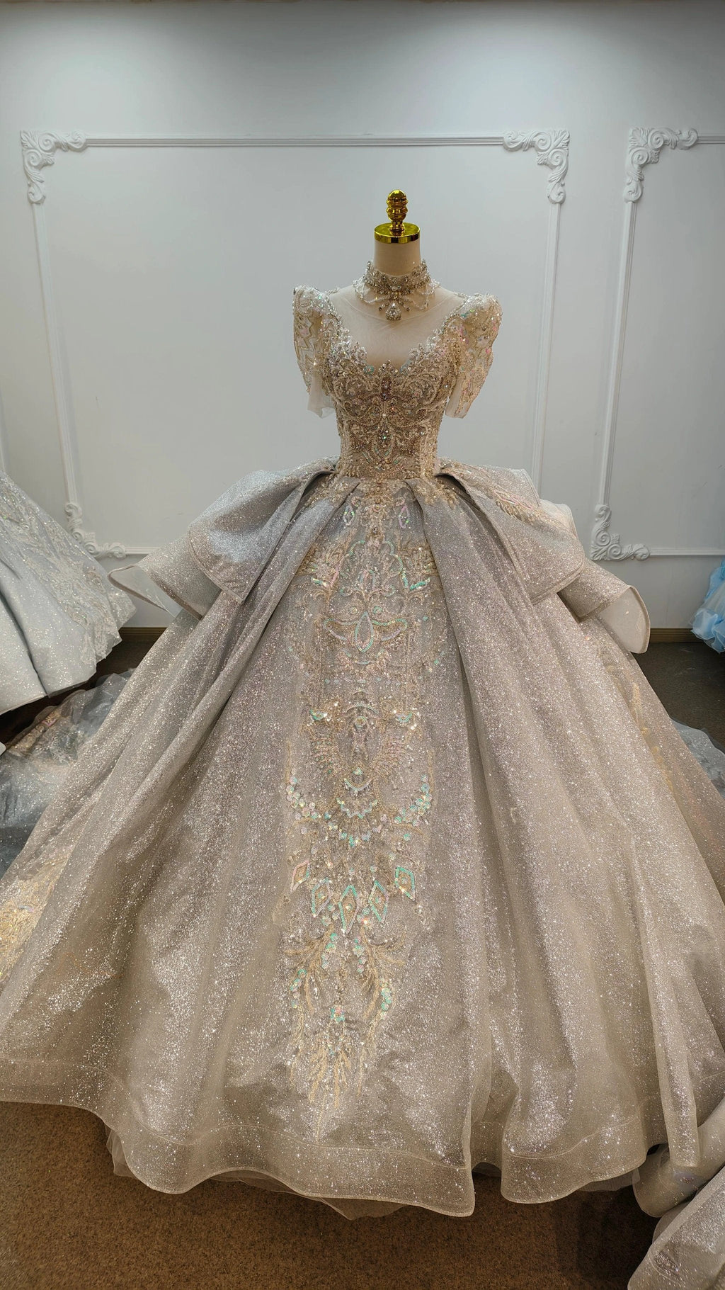 Silver Glitz Cap-Sleeve Ballgown Iridescent Beaded Bust & Sculptural Tiered Skirt